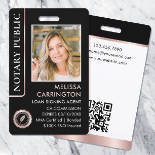 Crachá ID QR Foto de Notário Público Elegante Preto Rosa