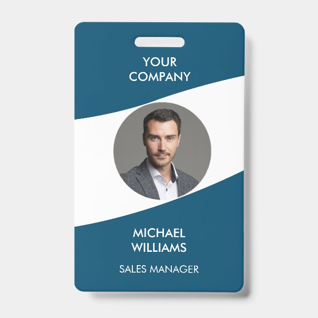 Crachá Identificação com Foto Badge Azul Branco (Frente)