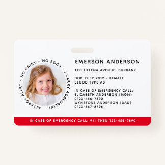 Crachá Identificação de Crianças Alergia ID de Emergência