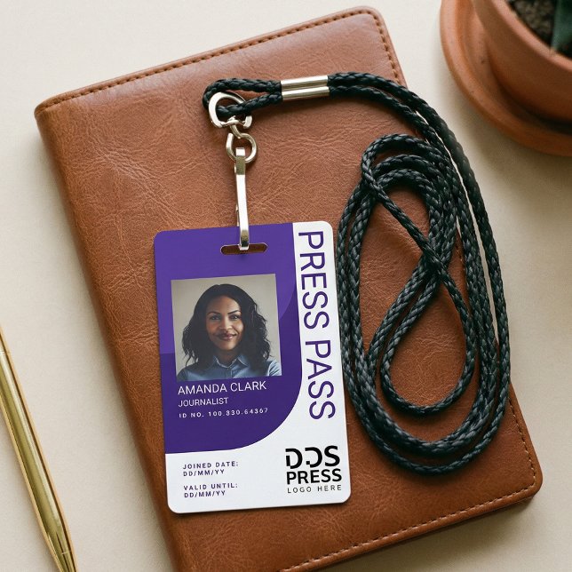 Crachá Identificação de Foto Passagem da Imprensa Persona (Purple Modern & Minimal Press Pass Photo ID Badge)