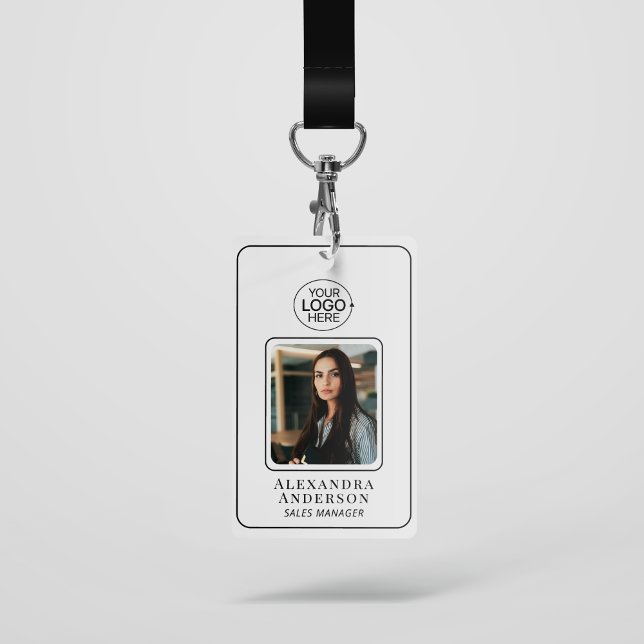 Crachá Identificação de Fotografia Simples de Logotipo Pr (Simple Black and White Logo Photo Identification Badge)