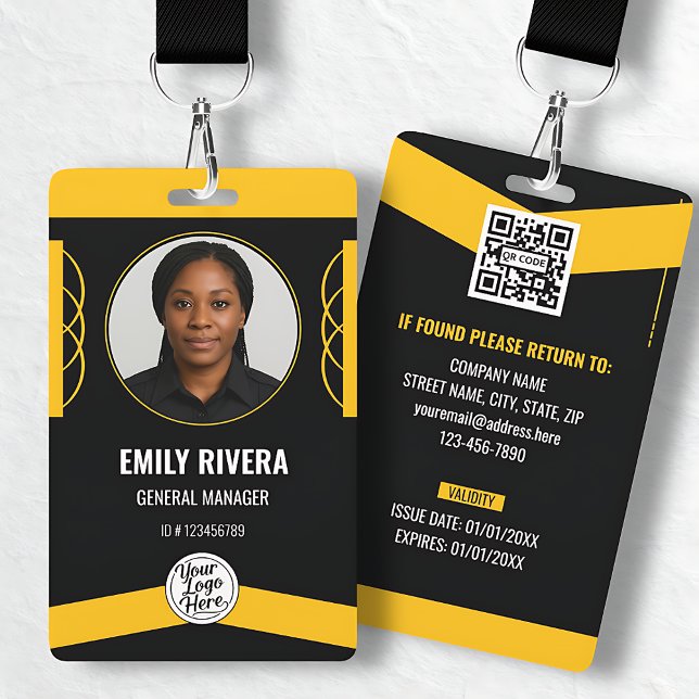 Crachá Identificação de Funcionário com Design Gráfico Pr (Custom Yellow Black Graphic Design Employee ID Badge)