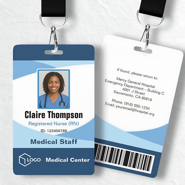 Crachá Identificação Profissional de Equipe Médica Blue W (Blue Wave Professional Medical Staff ID Badge)