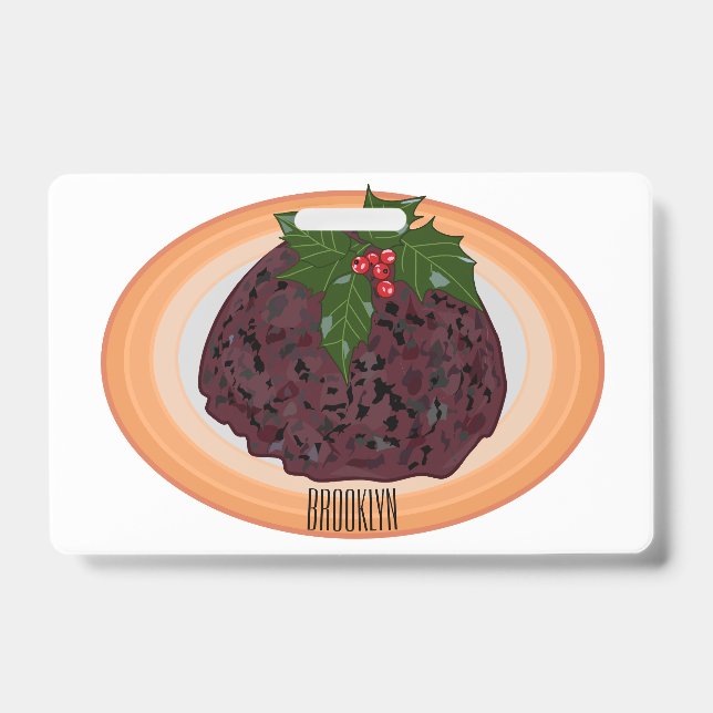 Crachá ilustração de cartoon de pudim de Natal (Frente)