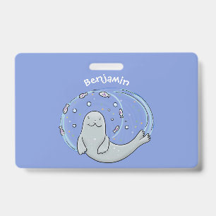 Crachá Ilustração de desenho animado azul de foca feliz e