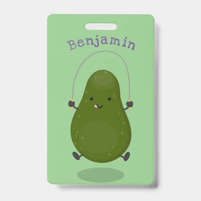 Crachá Ilustração de desenho animado de abacate fofo pula (Frente)