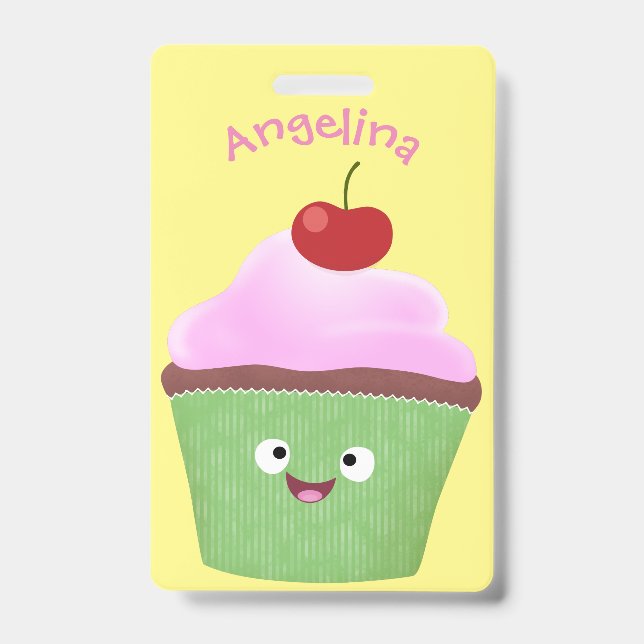 Crachá Ilustração de desenho animado de cupcake fofo e fe (Frente)