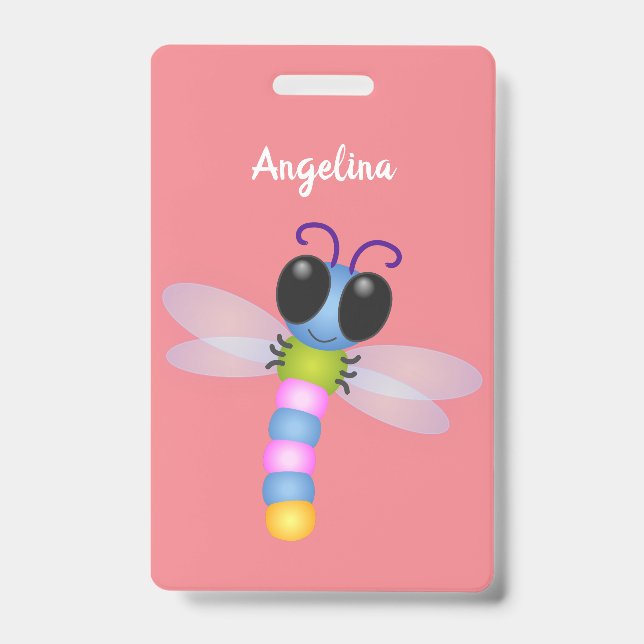 Crachá Ilustração de desenho animado de libélula, azul e  (Frente)