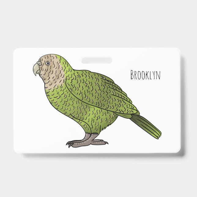 Crachá ilustração de desenho animado de pássaro Kakapo (Frente)