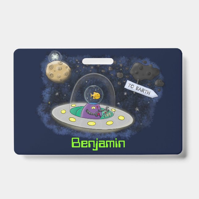Crachá Ilustração de desenho animado de peixe ufo espaço  (Frente)