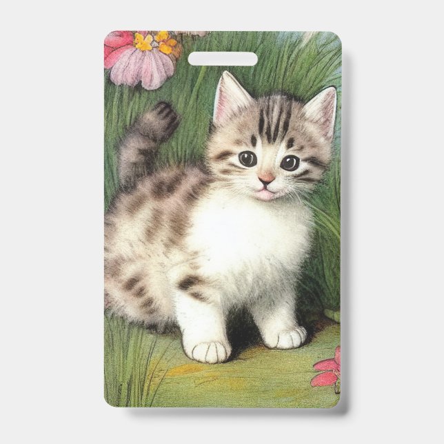 Crachá Ilustração de Gato Antigo com Flores Vermelhas (Frente)