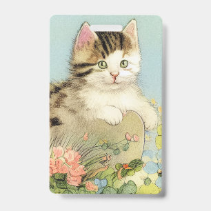 Crachá Ilustração de Gato Vintage com Flores Rosa