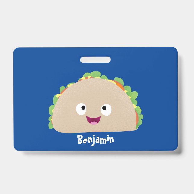 Crachá Ilustração de taco de desenho animado sorridente e (Frente)