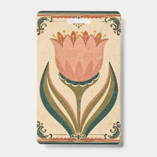 Crachá Ilustração de Tulipa Antiga em Estilo Folclórico V