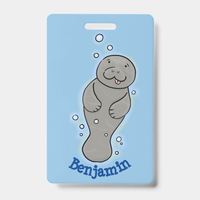 Crachá Ilustração de um lindo peixe-boi bebê com bolhas (Frente)