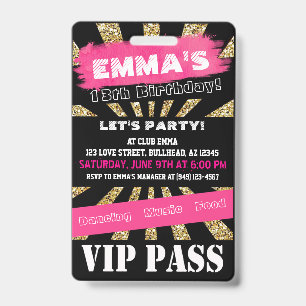 Crachá Ingresso Personalizado VIP Rosa e Dourado para Qua