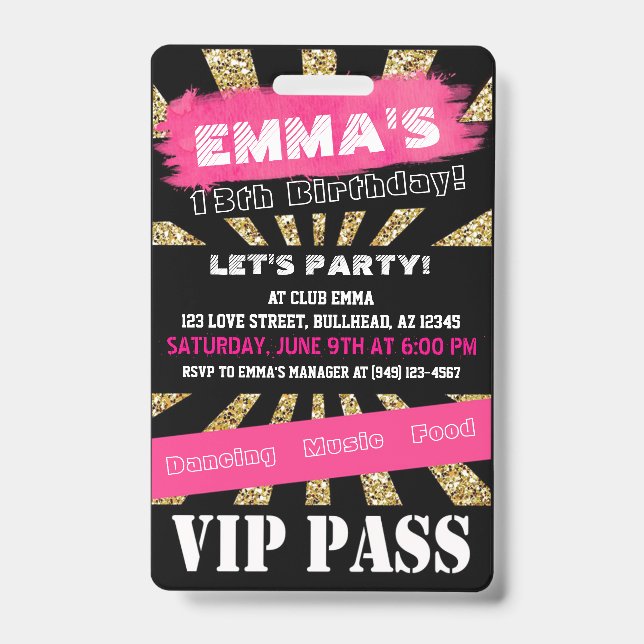 Crachá Ingresso VIP Rosa e Dourado para Qualquer Evento c (Frente)