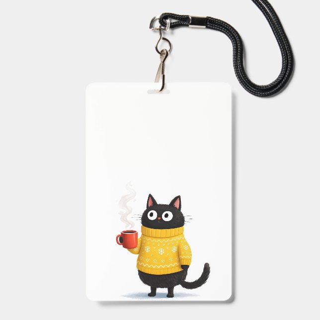 Crachá insígnia de gato e café (Frente com cordão)