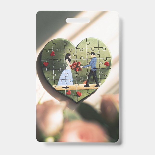 Crachá Insígnia do Puzzle do Coração Romântico (Frente)