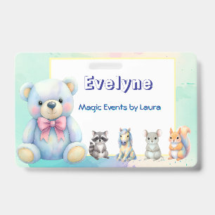 Crachá Kids Party Planner Pastel Teddy Bear Logotipo QR