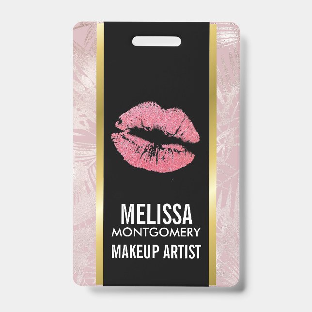 Crachá Lábios brilhantes cor-de-rosa e folhas tropicais D (Front)