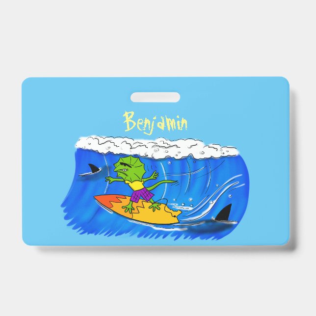 Crachá Lagarto de pescoço frisado engraçado surfando dese (Frente)