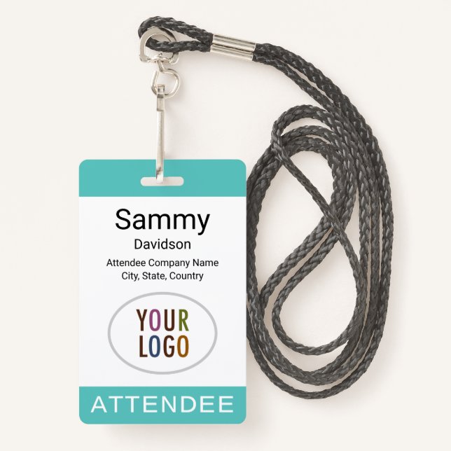 Crachá Lanyard Reel ou Clip do Atendedor Turquesa (Frente com cordão)