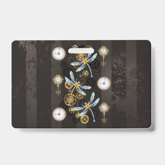 Crachá Libélulas Steampunk em fundo listrado marrom (Frente)