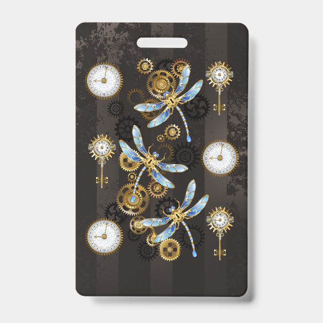 Crachá Libélulas Steampunk em fundo listrado marrom (Frente)