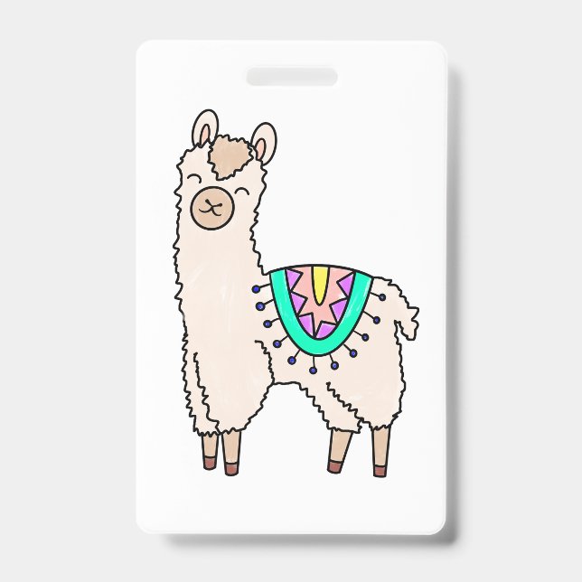 Crachá llama alpaca de desenho animado feliz sorrindo (Frente)