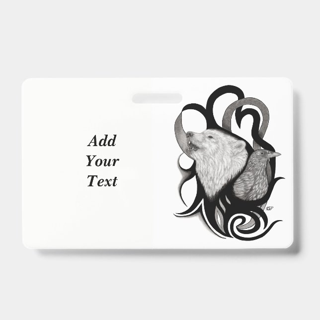 Crachá Lobo Branco com Arte Tribal Raven (Frente)