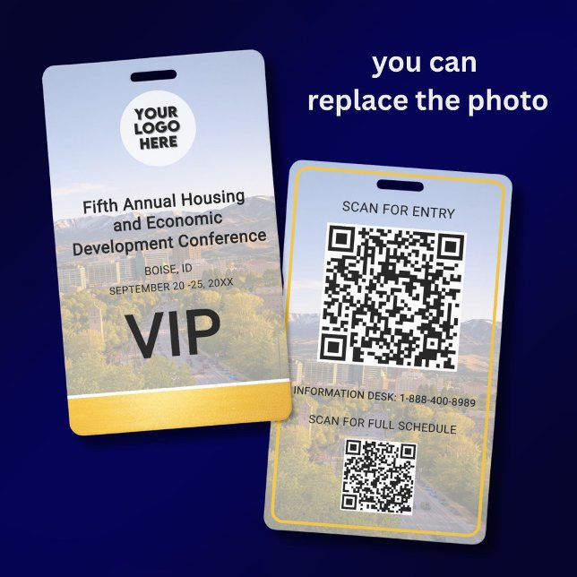 Crachá Location Replaceable Photo QR Logo Conference (Criador carregado)