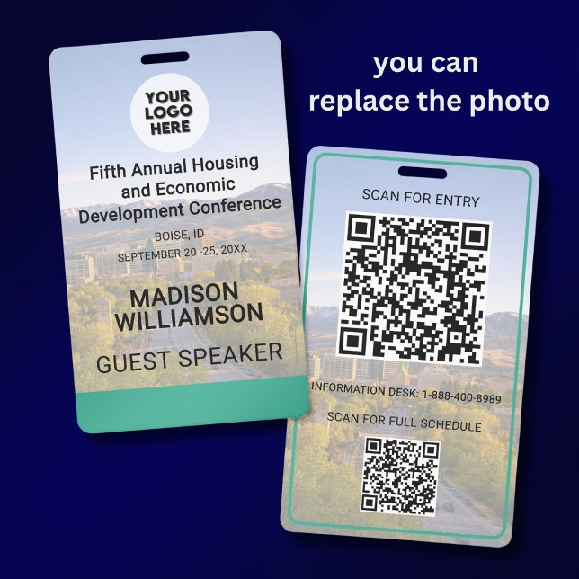 Crachá Location Replaceable Photo QR Logo Conference (Criador carregado)