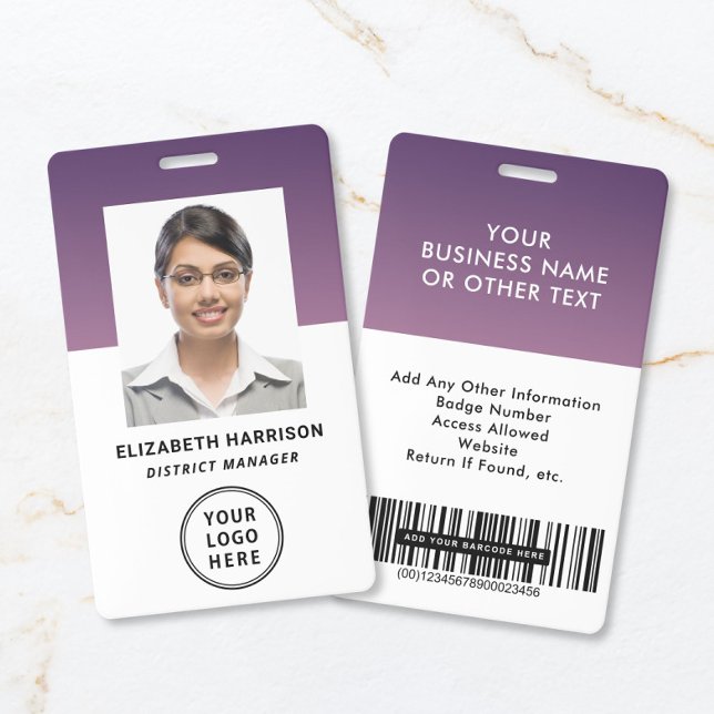 Crachá Logotipo Comercial Código de Barras Roxo Identific (Business Logo Barcode Purple Employee Photo ID Badge)