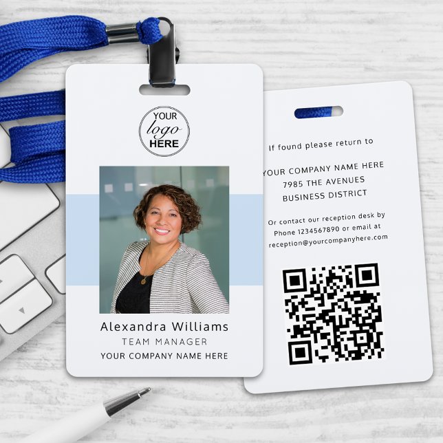Crachá Logotipo da Empresa de ID de Foto do Funcionário C (Personalized employee attendee photo id company event logo qr code security badge Modern black blue)