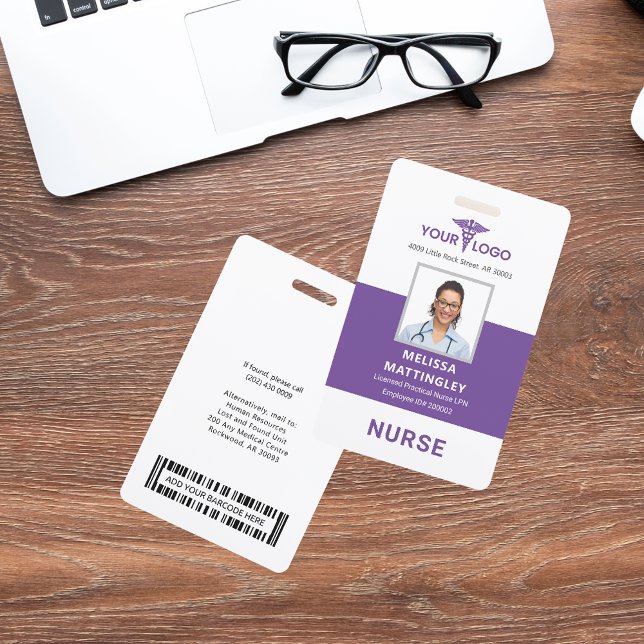 Crachá Logotipo de funcionário do hospital personalizado  (Purple Nurse Photo ID Card with Barcode)