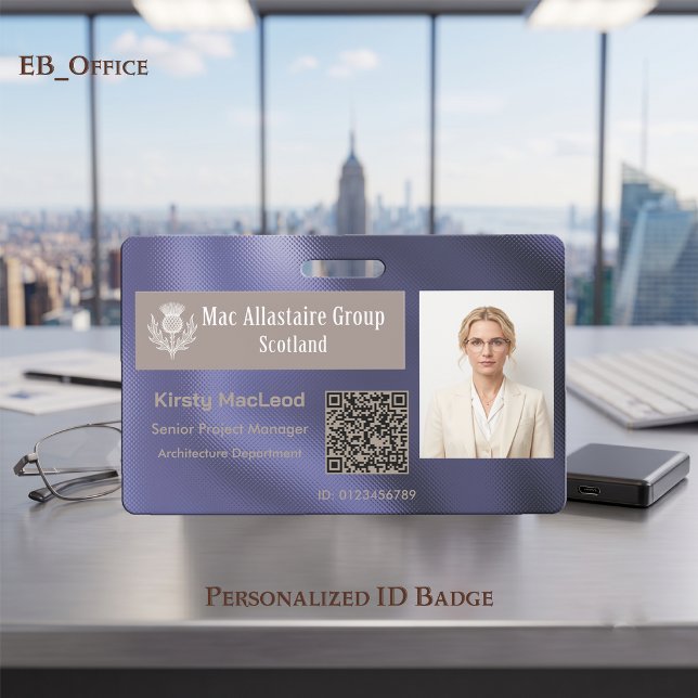 Crachá Logotipo de Retângulo Personalizado em Metal Indig (Indigo Violet Custom Wide Logo Placeholder Photo ID Badge Template. Size 2.13 x 3.38 Inches)