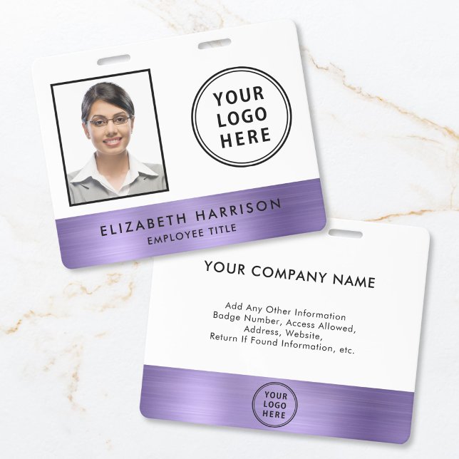 Crachá Logotipo Empresarial Foto ID Funcionário Roxo (Business Logo Employee Photo ID Purple Badge)