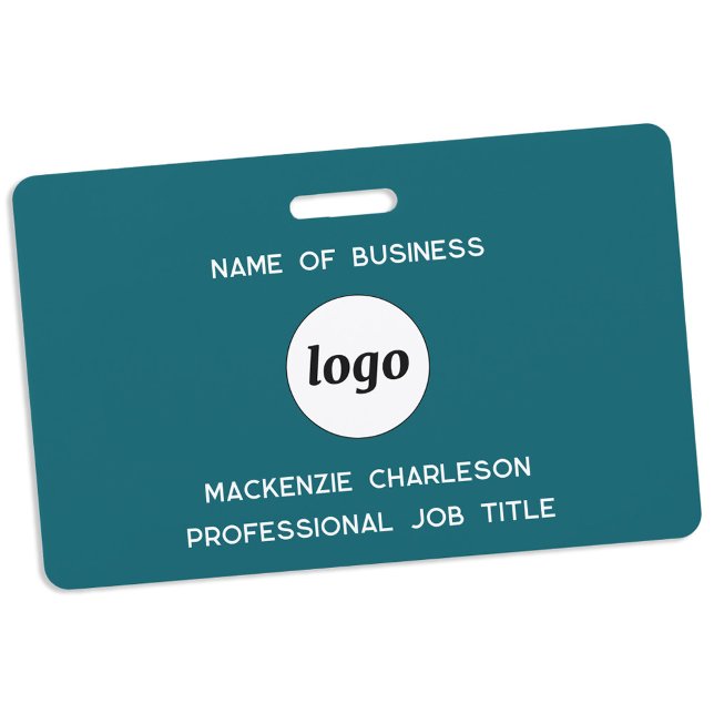 Crachá Logotipo Nome Empresarial Profissional Verde Turqu (Simple logo with custom text business branding promotional employee representative name badge)