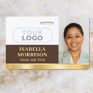 Crachá Logotipo QR Marrom Dourado ID Personalizado Negóci