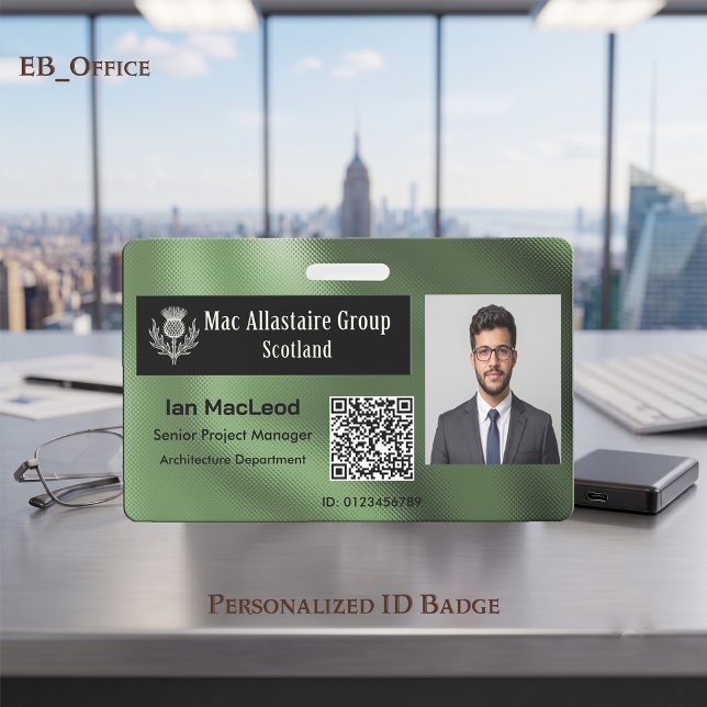 Crachá Logotipo Retangular Personalizado em Foto ID Metál (Sage Green Custom Wide Logo Placeholder Photo ID Badge Template. Size 2.13 x 3.38 Inches)