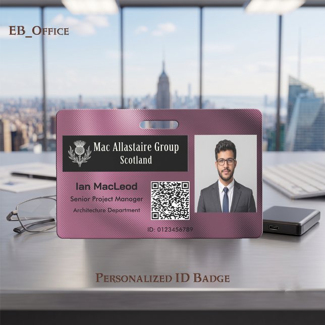 Crachá Logotipo Retangular Personalizado em Foto ID Metál (Burgundy Wine Custom Wide Logo Placeholder Photo ID Badge Template. Size 2.13 x 3.38 Inches)