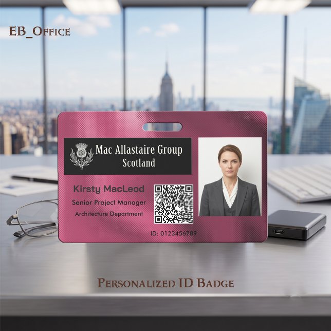Crachá Logotipo Retangular Personalizado em Metalizado Fu (Fuchsia Custom Wide Logo Placeholder Photo ID Badge Template. Size 2.13 x 3.38 Inches)