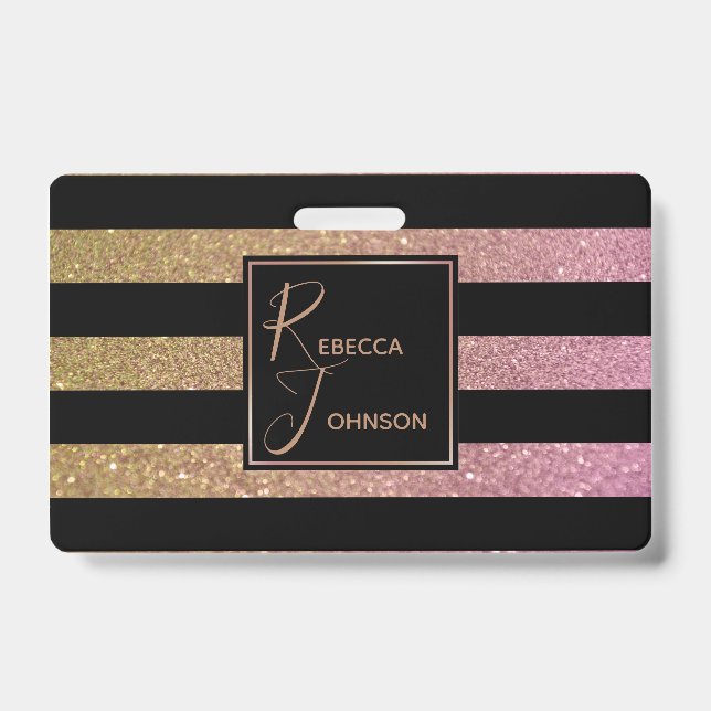 Crachá Luxo Dourado Rosa Brilho Listras - Insígnia (Frente)