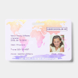 Crachá Mapa Mundial ID do Aluno Unschooler