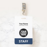 Crachá Marinho Azul Nome do funcionário Nome do logotipo<br><div class="desc">Personalize facilmente este Crachá de nome profissional administrativo personalizado sem fotos, com o Código de Bar de Digitalização e o logotipo de grande empresa. Um simples design de negócios em cores azul e branco marinho totalmente personalizável em tamanhos frontais e traseiros, fontes básicas e modernas sans-serif e um visual profissional...</div>