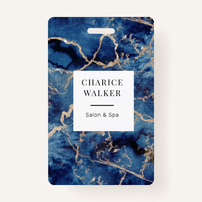 Crachá marinho azul ondas dourado oceano salão monograma  (Frente)