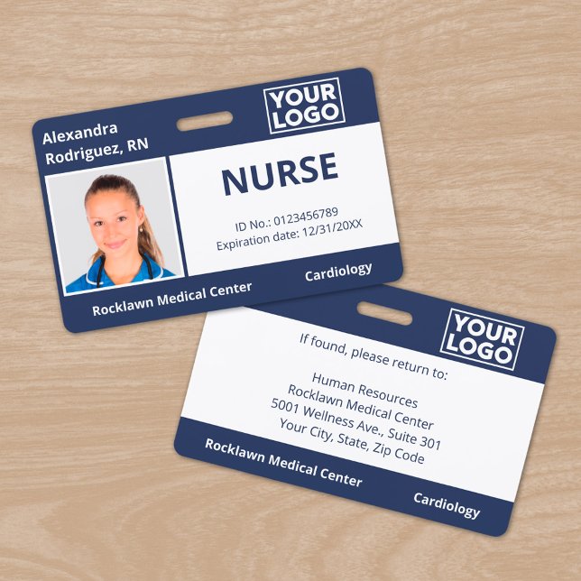 Crachá Marinho de logotipo de foto personalizado Blue Med (Custom Photo Logo Navy Blue Medical Employee ID Badge, front/back)