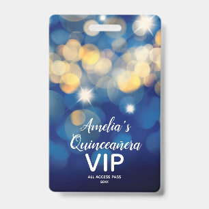 Crachá Marinho Dourado Bokeh Quinceañera Convide VIP Pass