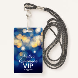 Crachá Marinho Dourado Bokeh Quinceañera Convide VIP Pass